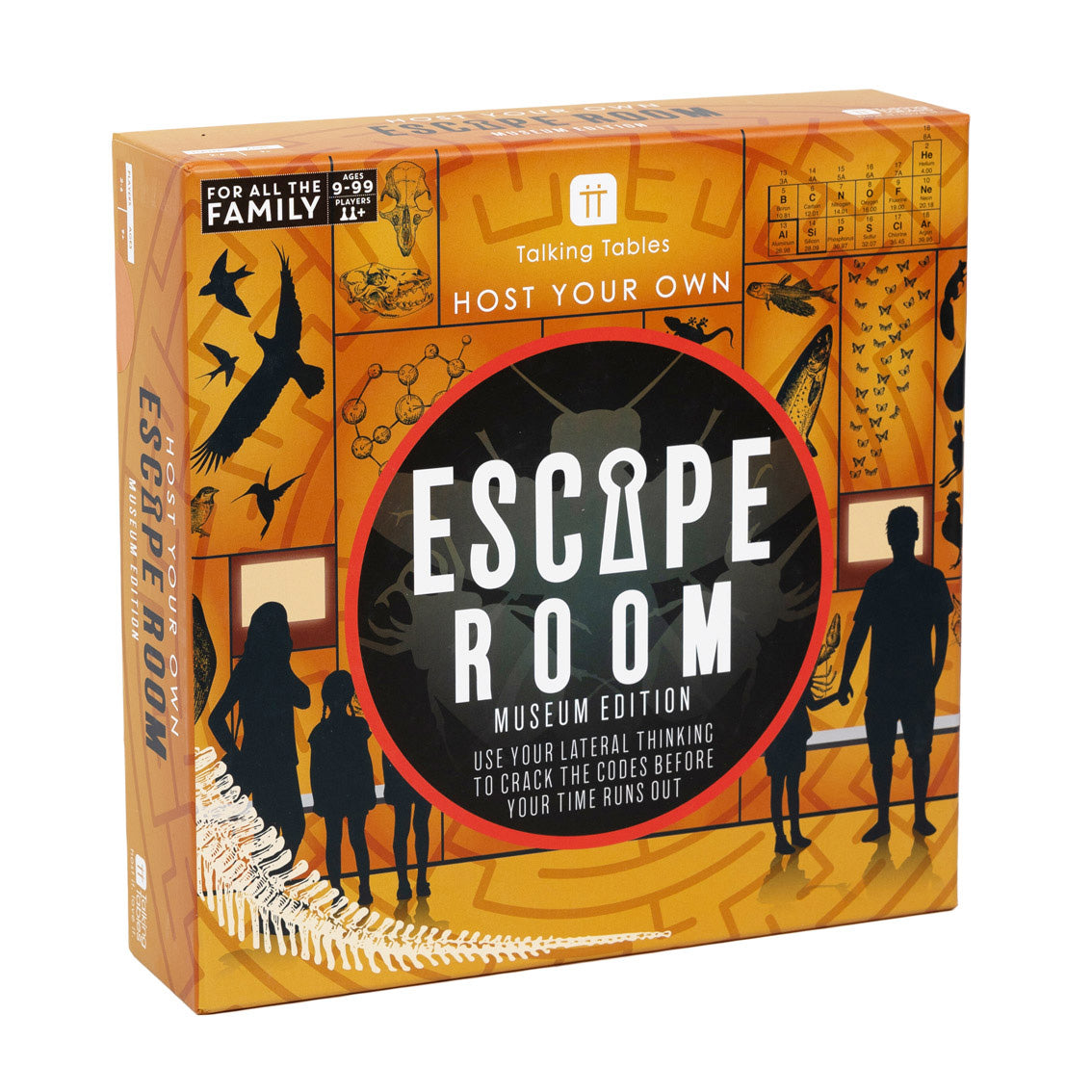 An image of a boxed Escape Room game. It's set in a museum and the orange and black imagery on the box is styled as a museum.