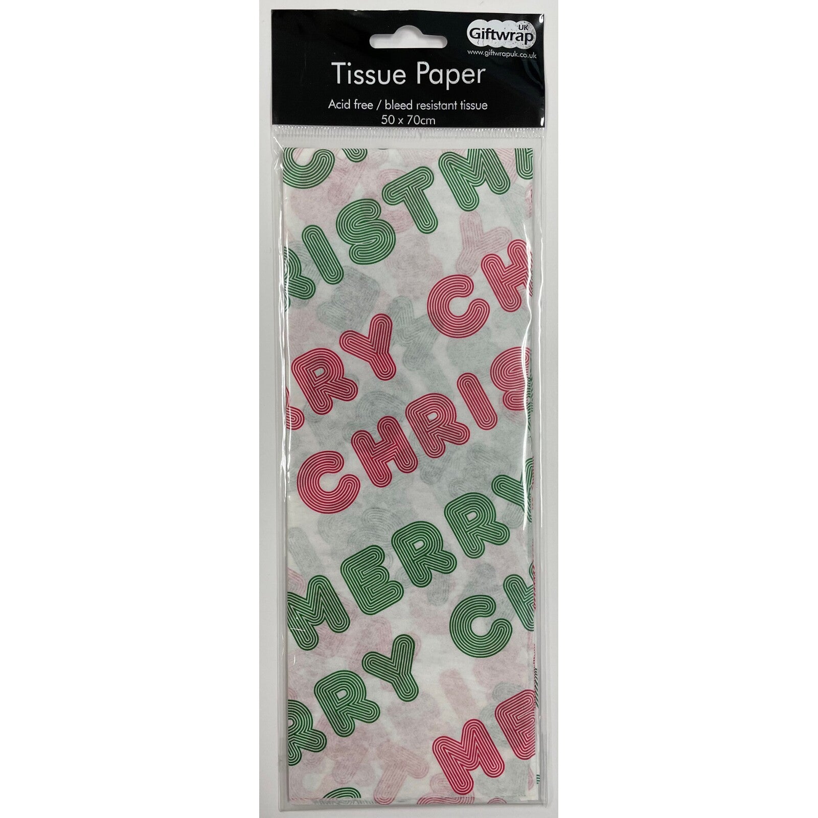 An image of christmas tissue paper in it's retail packaging. the tissue paper pattern is big retro styled lettering in green and red of the words merry christmas repeated.