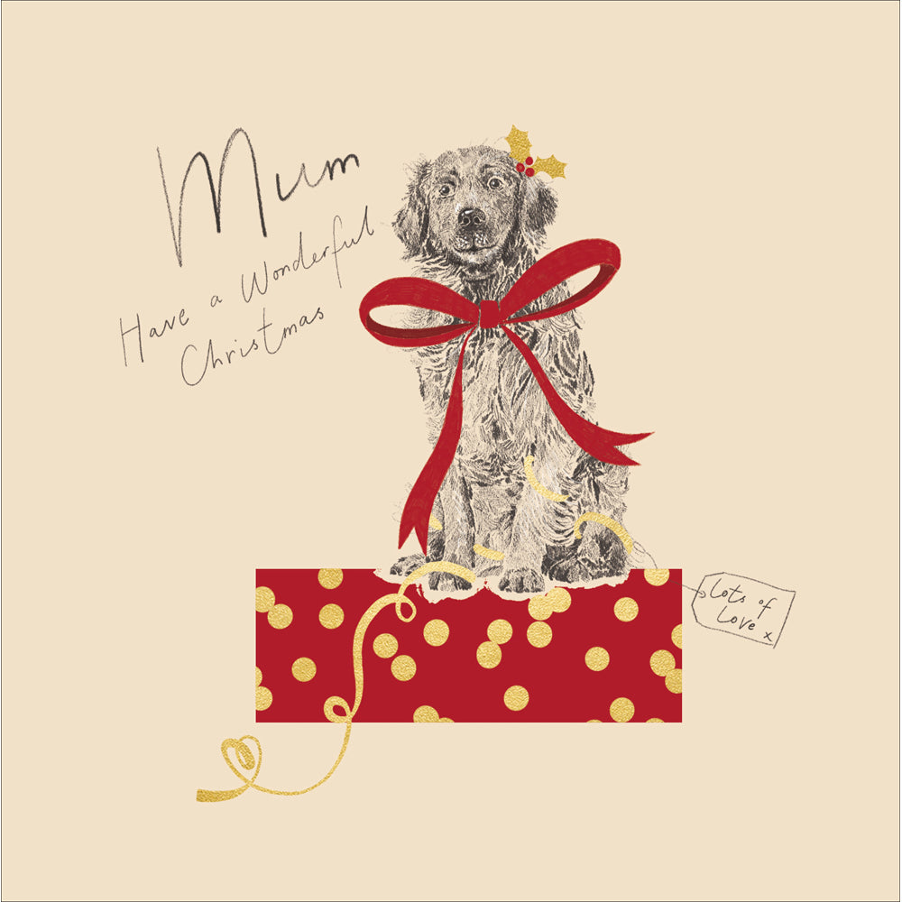 a greetings card with a beige background and the image of a dog with a bow round it's neck sitting on a package