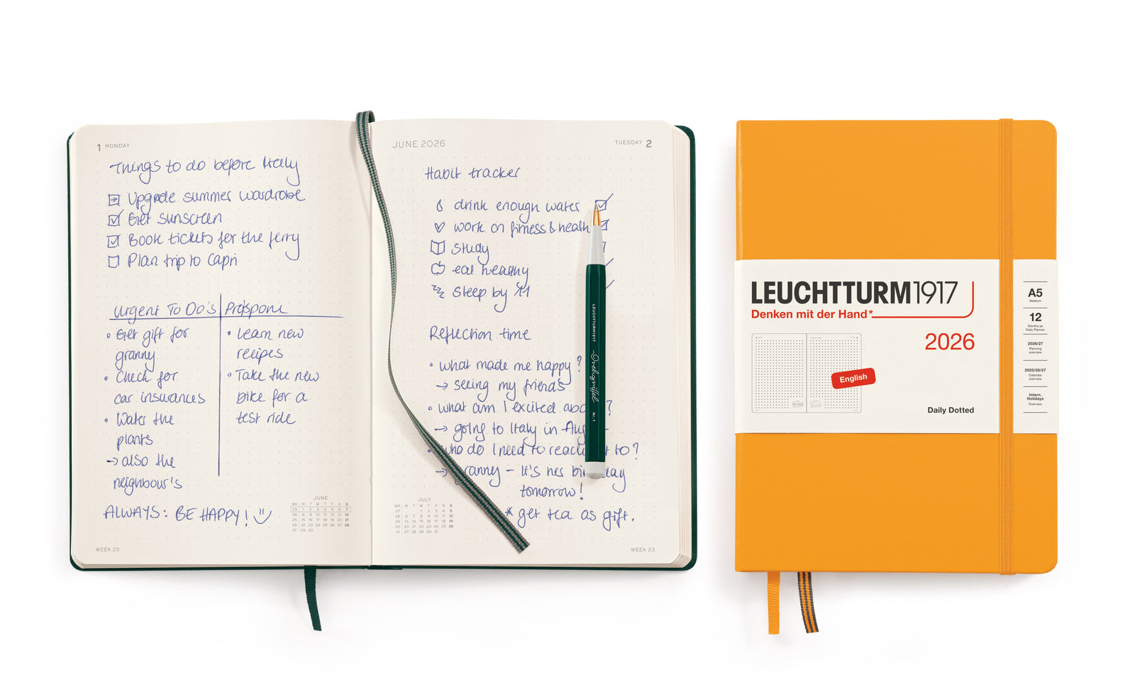 A sky blue leuchtturm1917 weekly planner with accompanying sky blue pencil