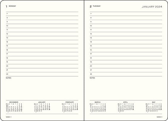 An image of the inside spread of a daily planner showing 1 day per page, each day broken down by hour with note space below each. It also shows the month, year, date and week.