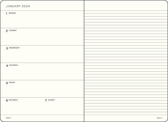 An image of the inside spread of a weekly planner showing 7 days laid out on the left hand page and a ruled note page on the right. It also shows the month, year, date and week.