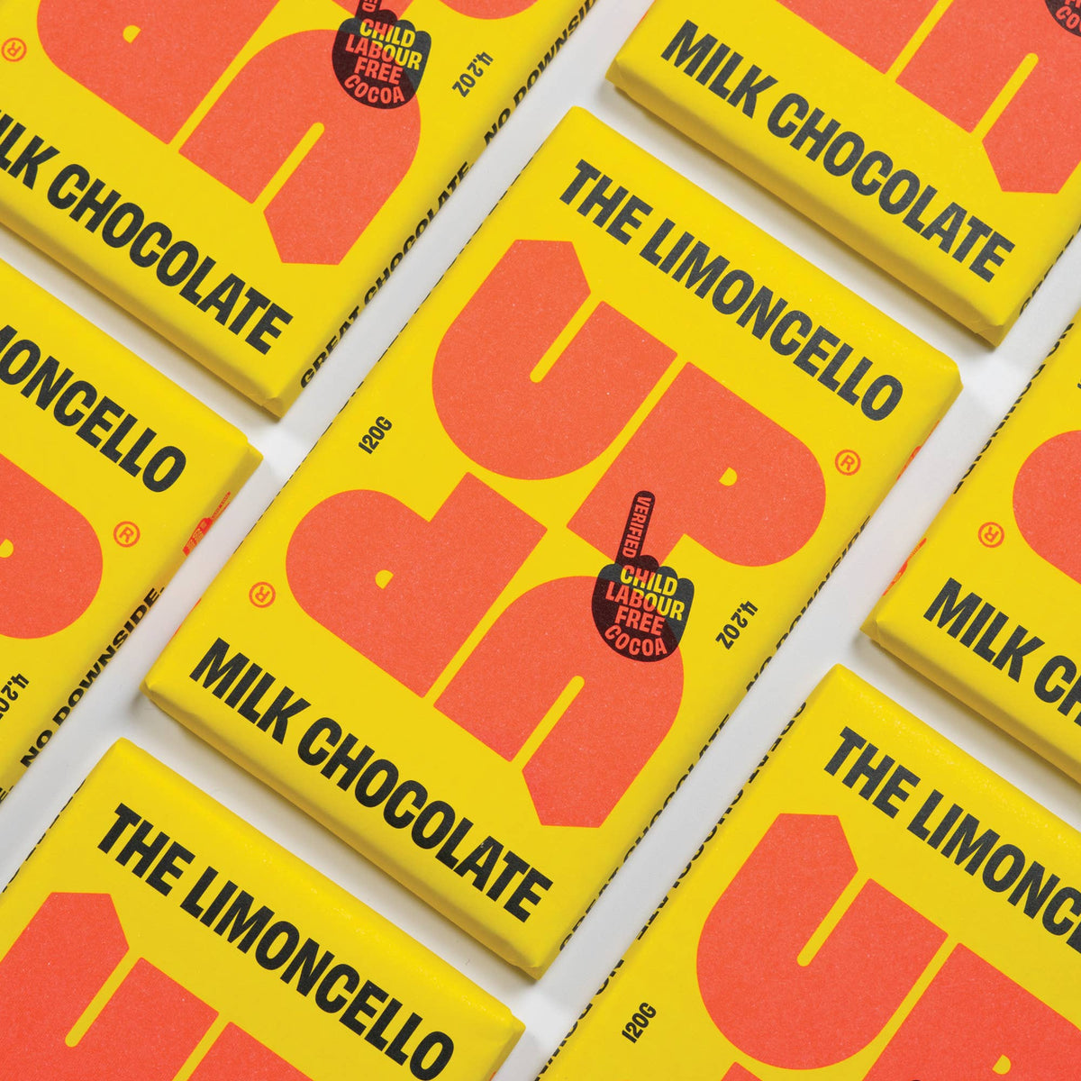 UP-UP Ethical Limoncello Milk Chocolate Bar 120g by penny black showing packaging