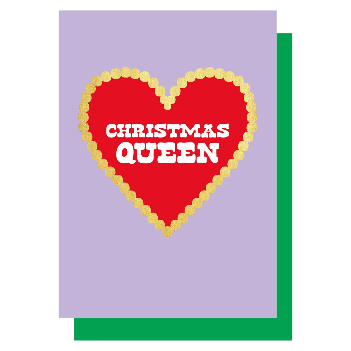 A greeting card with a lavender front panel and a green envelope behind, featuring a large red heart outlined in gold beads and the words “CHRISTMAS QUEEN” in white text.