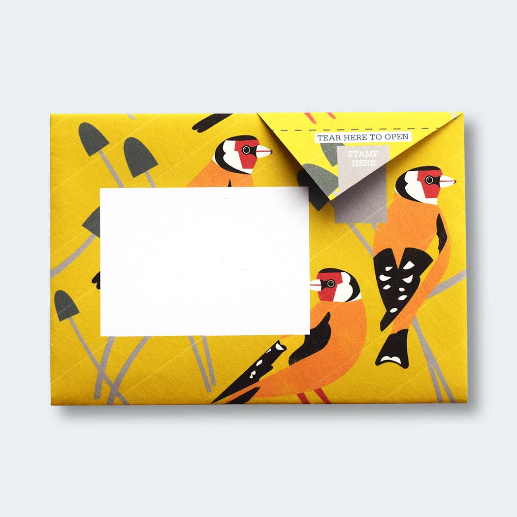 Dawn Chorus Pigeon Folding Letter Set by penny black showing a rich yellow folded letter with goldfinches
