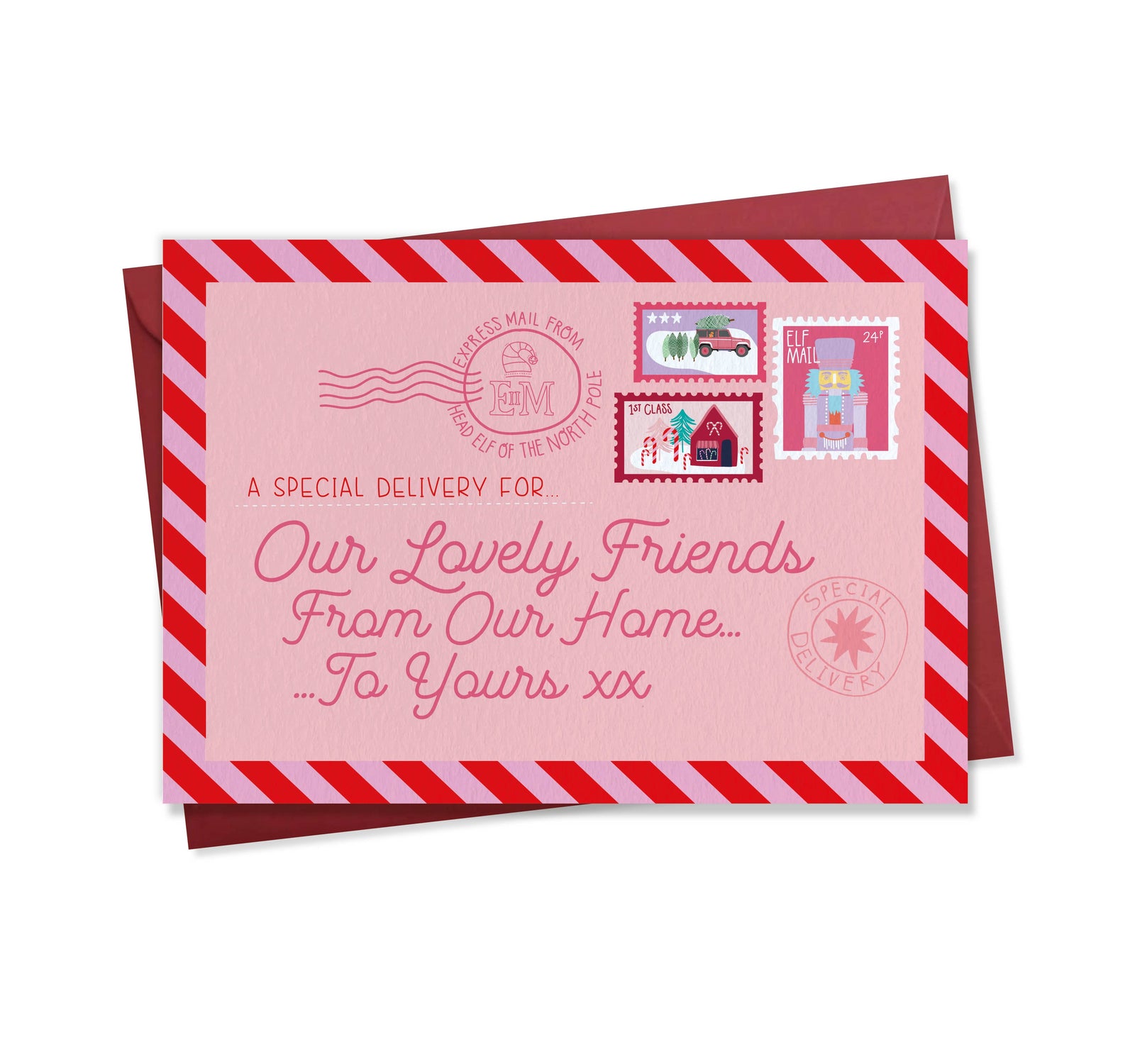 A pink airmail-themed christmas greeting card with red-and-pink striped borders, with text reading 'Our Lovely Friends From Our Home to yours'.