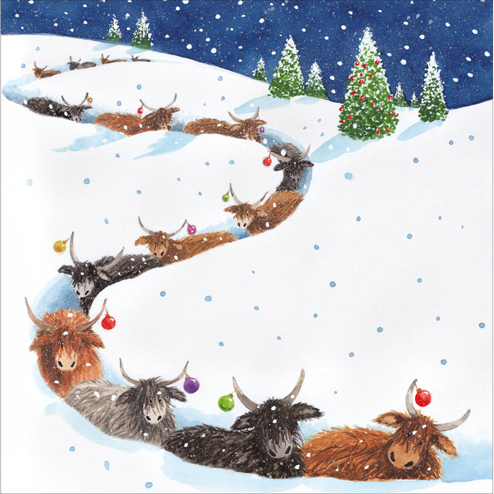 Highland Cow Parade Box Of 10 Christmas Cards showing highland cattle design