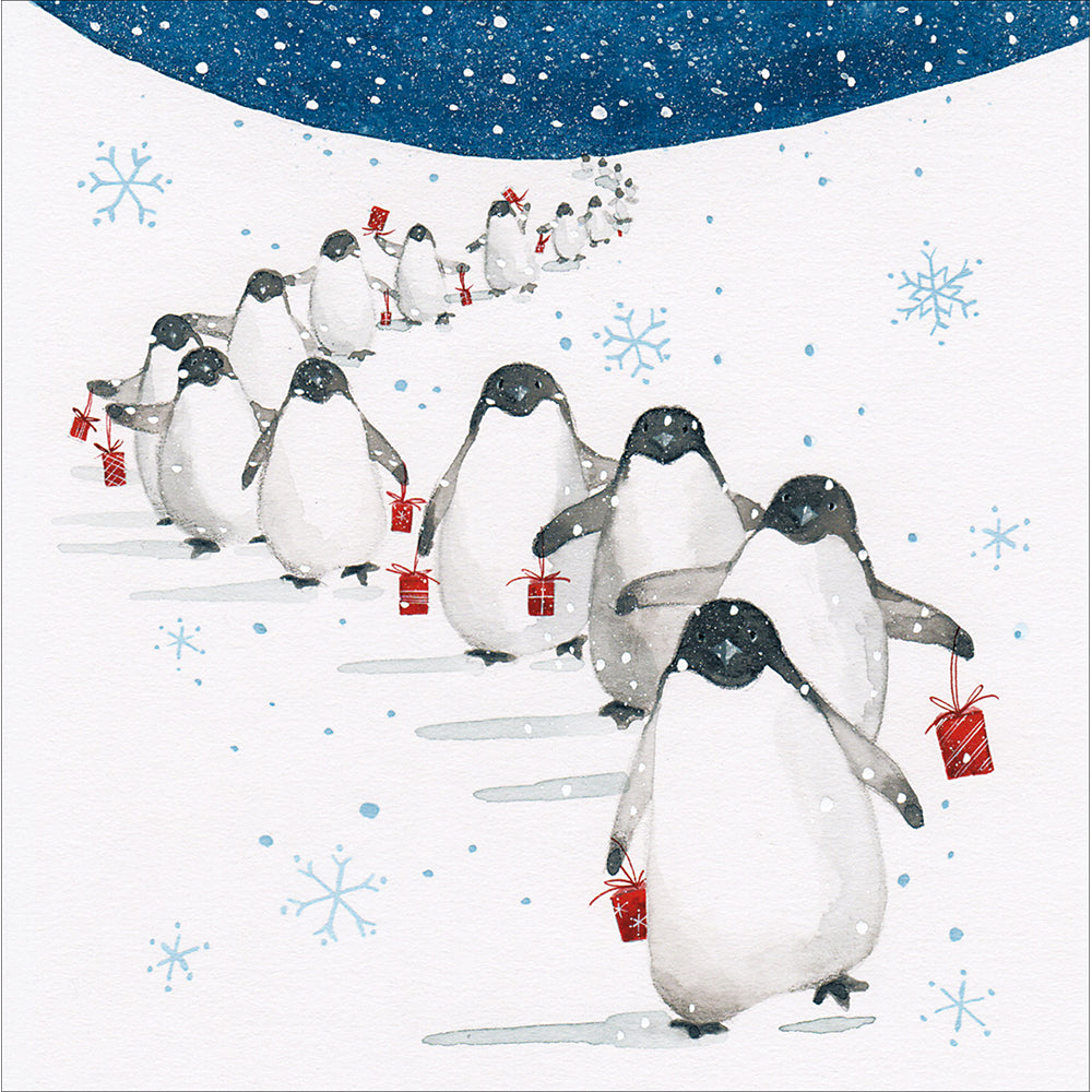 Highland Cow Parade Box Of 10 Christmas Cards showing penguin parade design