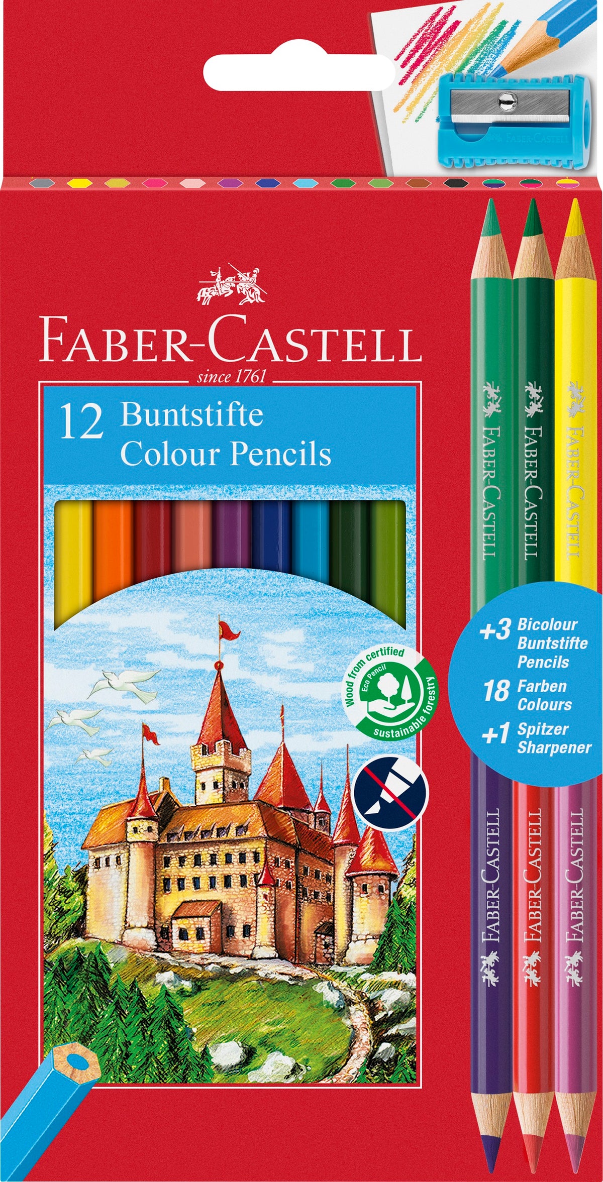 Retail packaging for a pack of 12 colour pencils by Faber Castell. The packaging has a red border, a cut out in the centre showing the pencils inside plus an illustration of them in use. This package includes 3 double ended colour pencils.