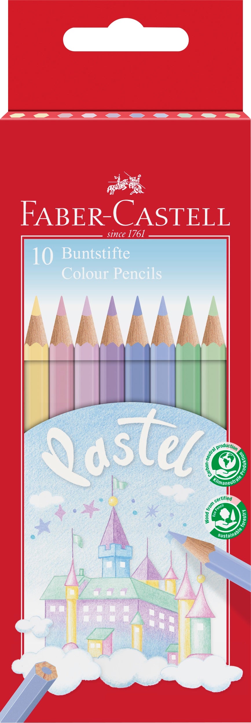 Retail packaging for a pack of 12 pastel metallic colour pencils by Faber Castell. The packaging has a red border, a cut out in the centre showing the pencils inside plus an illustration of them in use. 