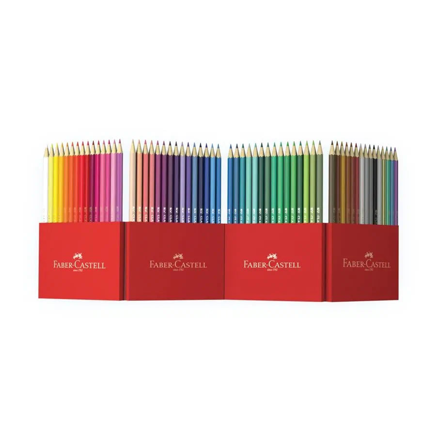 An image of 60 colouring pencils by Faber Castell. They are broken down into shades of 15 in a concertina upright stand for ease of use.