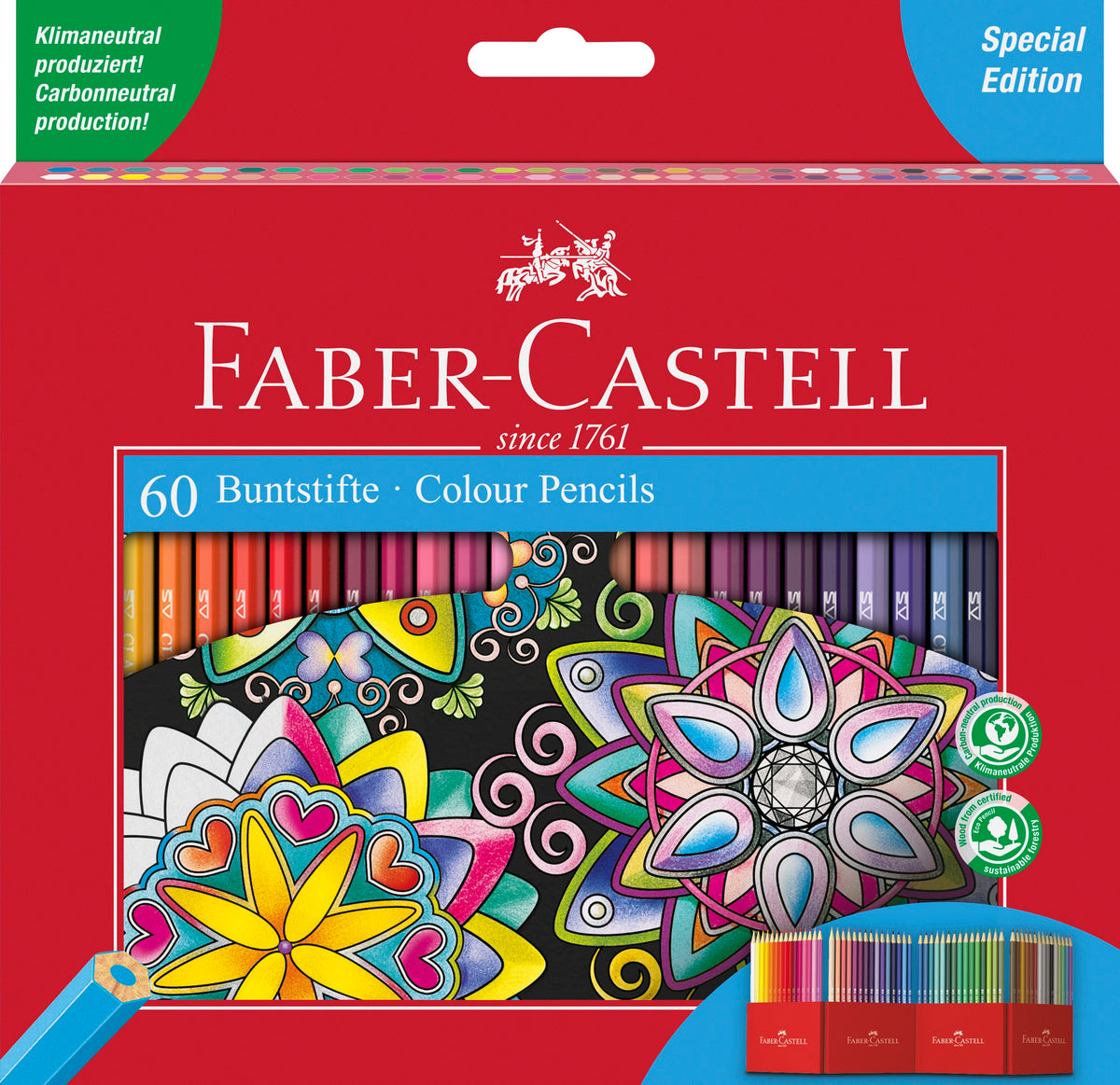 Retail packaging for 60 colouring pencils by Faber Castell. The packaging has a bright red border and shows the pencils in a cut out in the centre. There is also a decorative illustration done with the pencils and an image of how they appear once out of the box i.e. in freestanding holders.