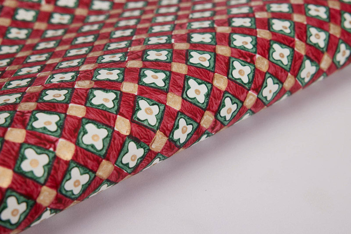 Block Printed Scarlet Floral Check Christmas Wrapping Paper Sheet