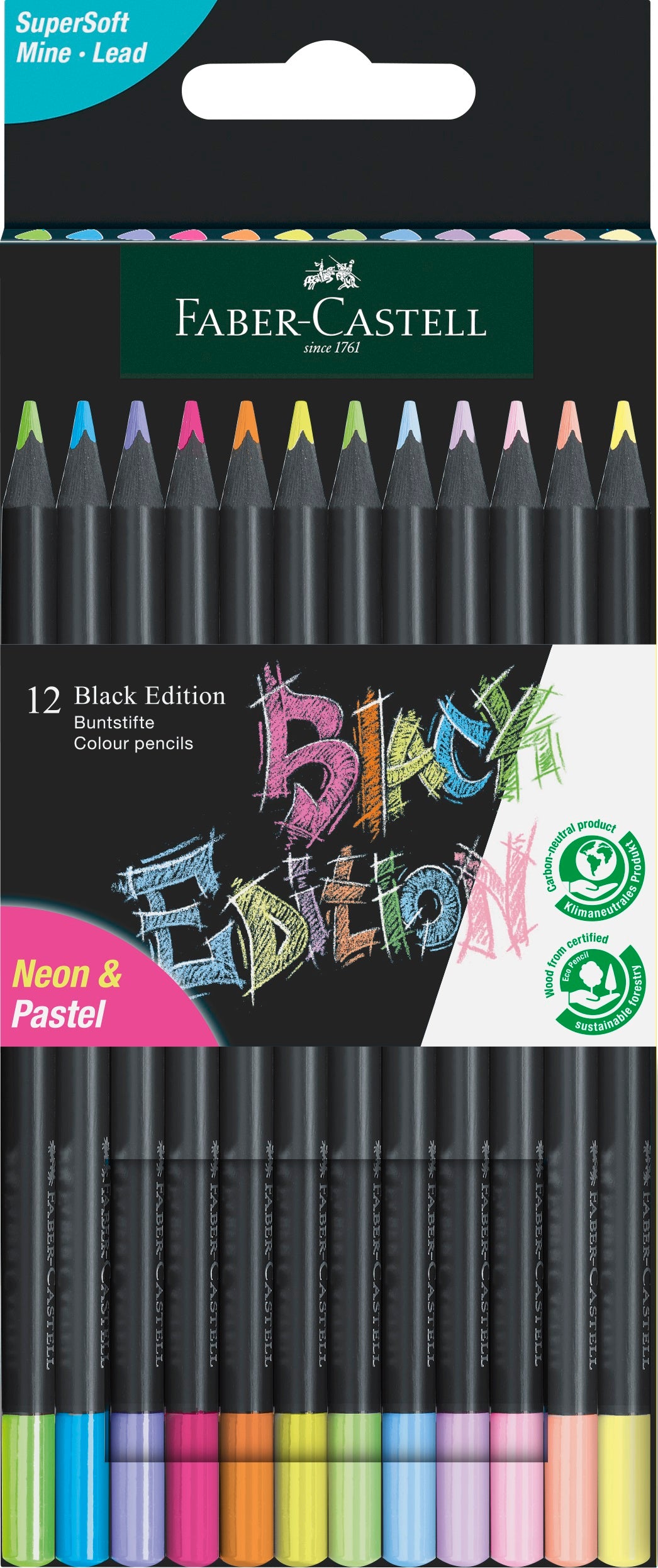 Retail packaging for a pack of 12 neon and pastel colour pencils by Faber Castell. The packaging is black with a cut out showing the pencils inside plus an illustration of them in use. 