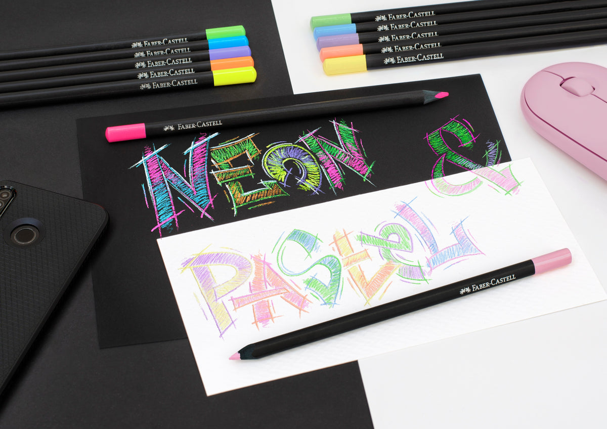 An image of 12 neon and pastel colour pencils by Faber Castell. The image shows the pencils in use on black and white paper.