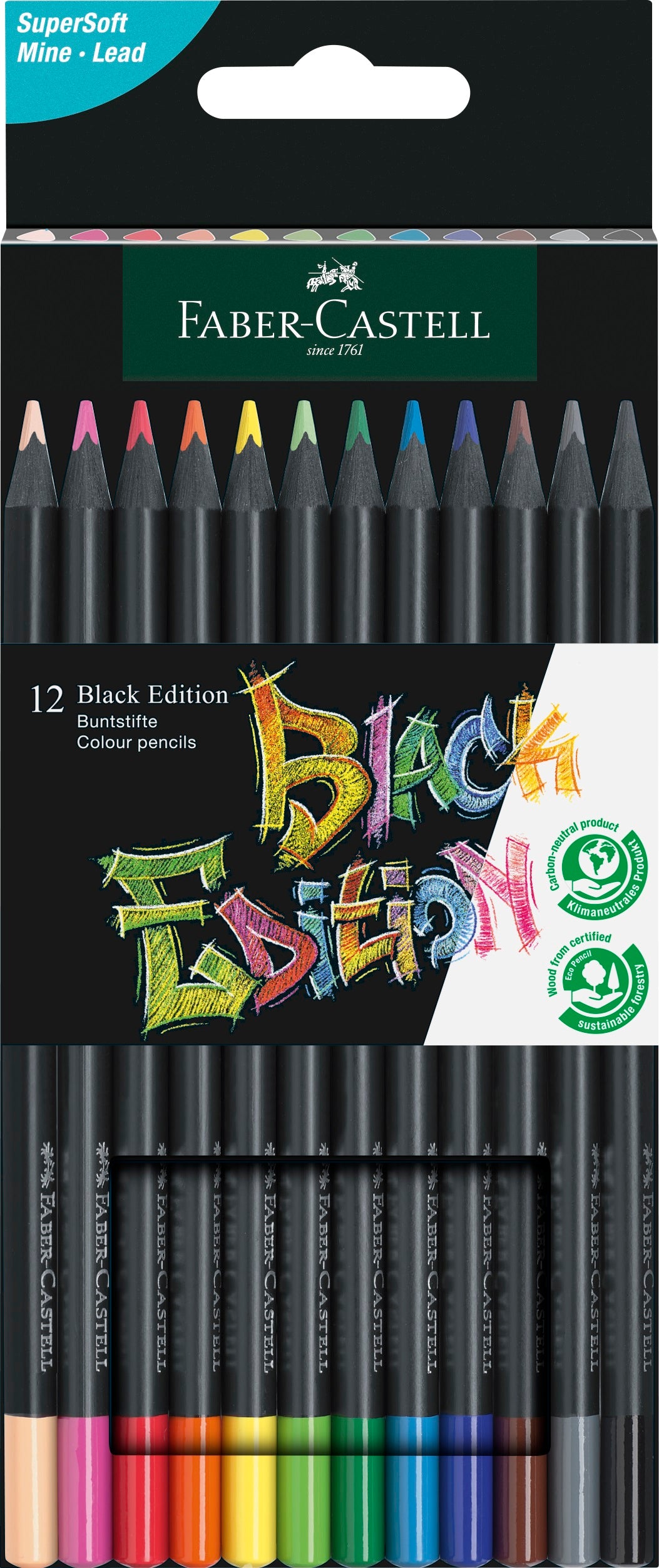Retail packaging for a pack of 12 colour pencils by Faber Castell. The packaging is black with a cut out showing the pencils inside plus an illustration of them in use.