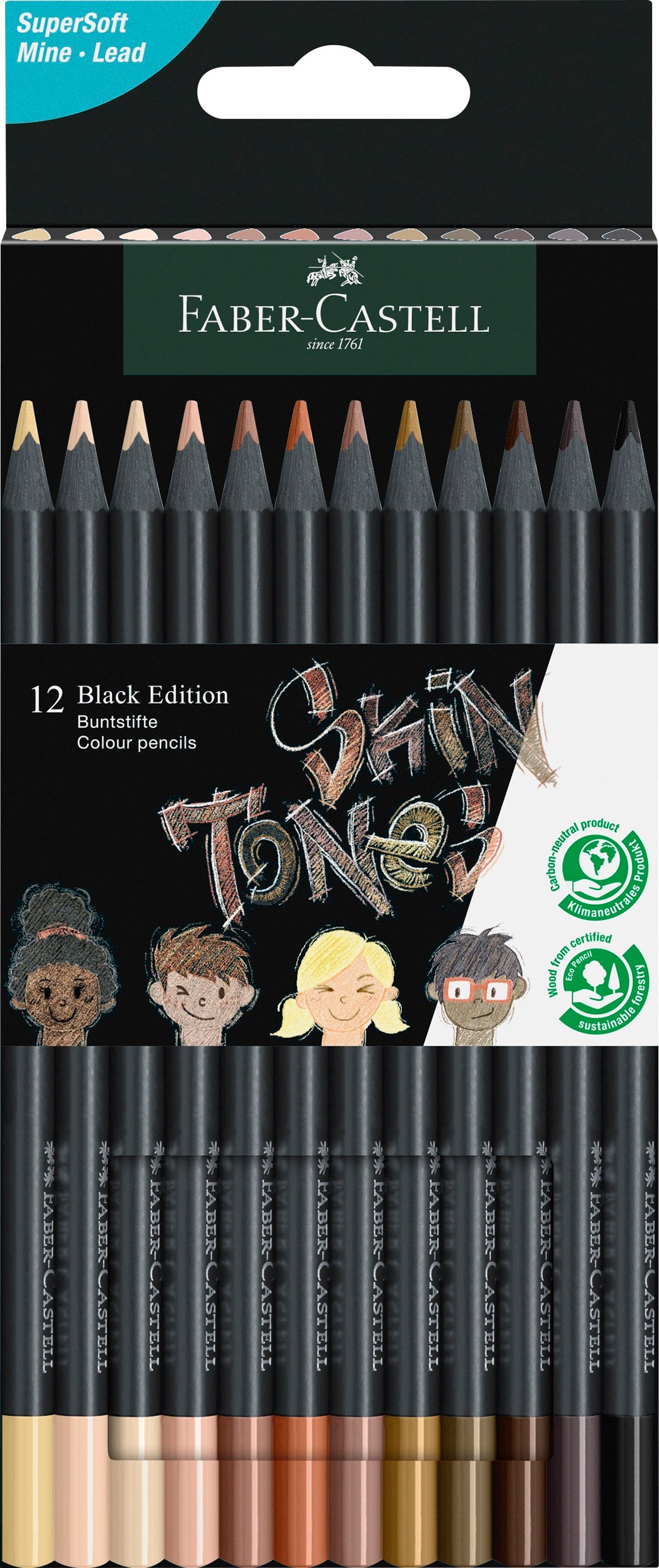 Retail packaging for a pack of 12 skin tone colour pencils by Faber Castell. The packaging is black with a cut out showing the pencils inside plus an illustration of them in use. 