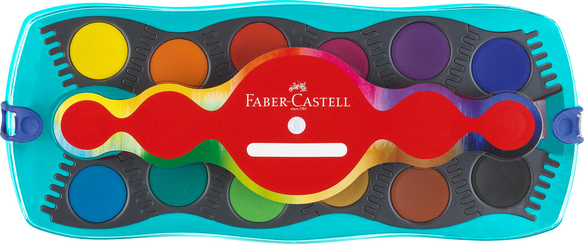 An image of a 12 colour paintbox by Faber Castell. It has interconnecting sections between colours and comes in a clear case.