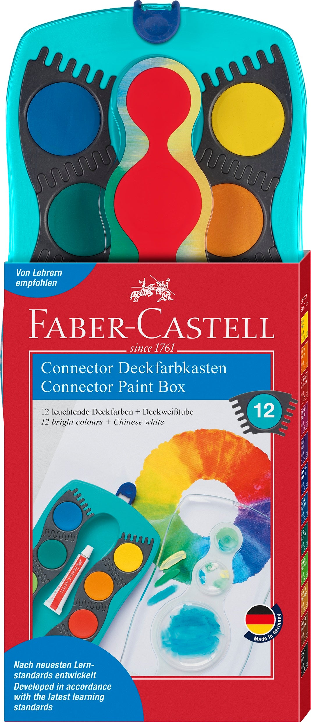 Retail packaging for a 12 colour paintbox by Faber Castell. The packaging has a red border and details of the product in the centre. The product is protruding from the top of the packaging.