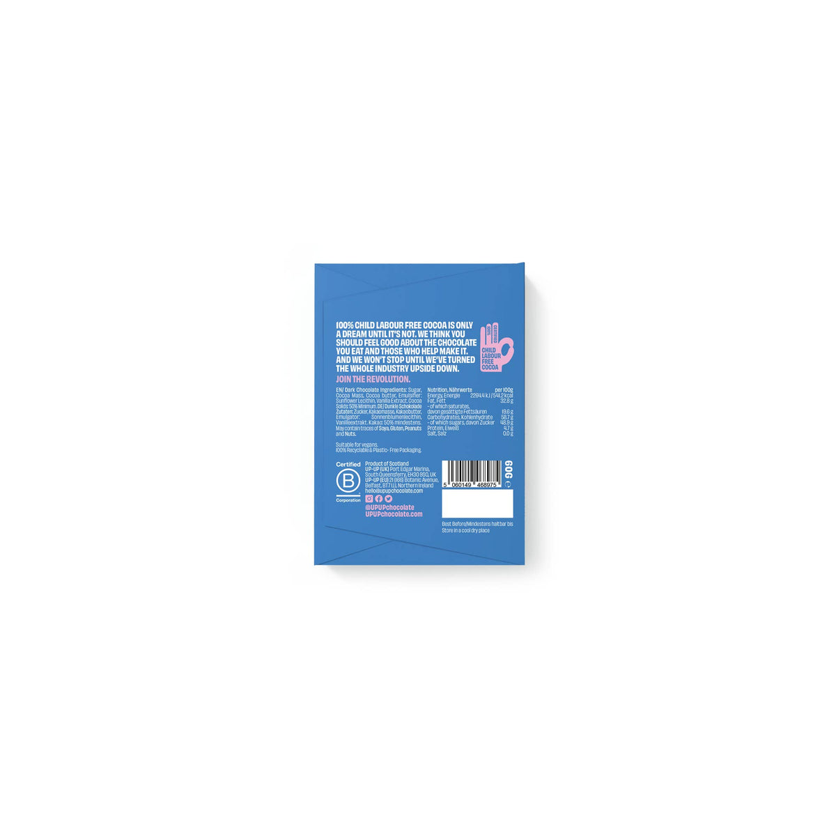UP-UP Ethical Dark Chocolate Bar 60g - Vegan back of packaging by penny black