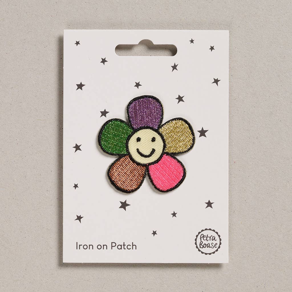 Colourful Iron on Patch - Happy Flower on backing card at penny black