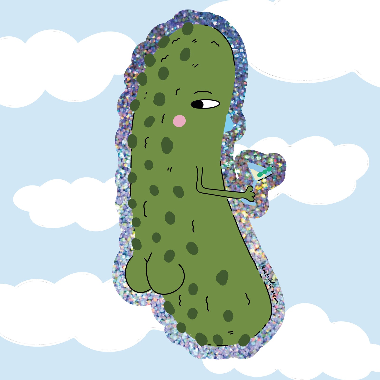 A cartoon pickle illustration with a green body, dark green spots, pink blush, and a glittery outline, floating against a light blue sky with white clouds. The gherkin is holding a cocktail and has a pronounced bum.