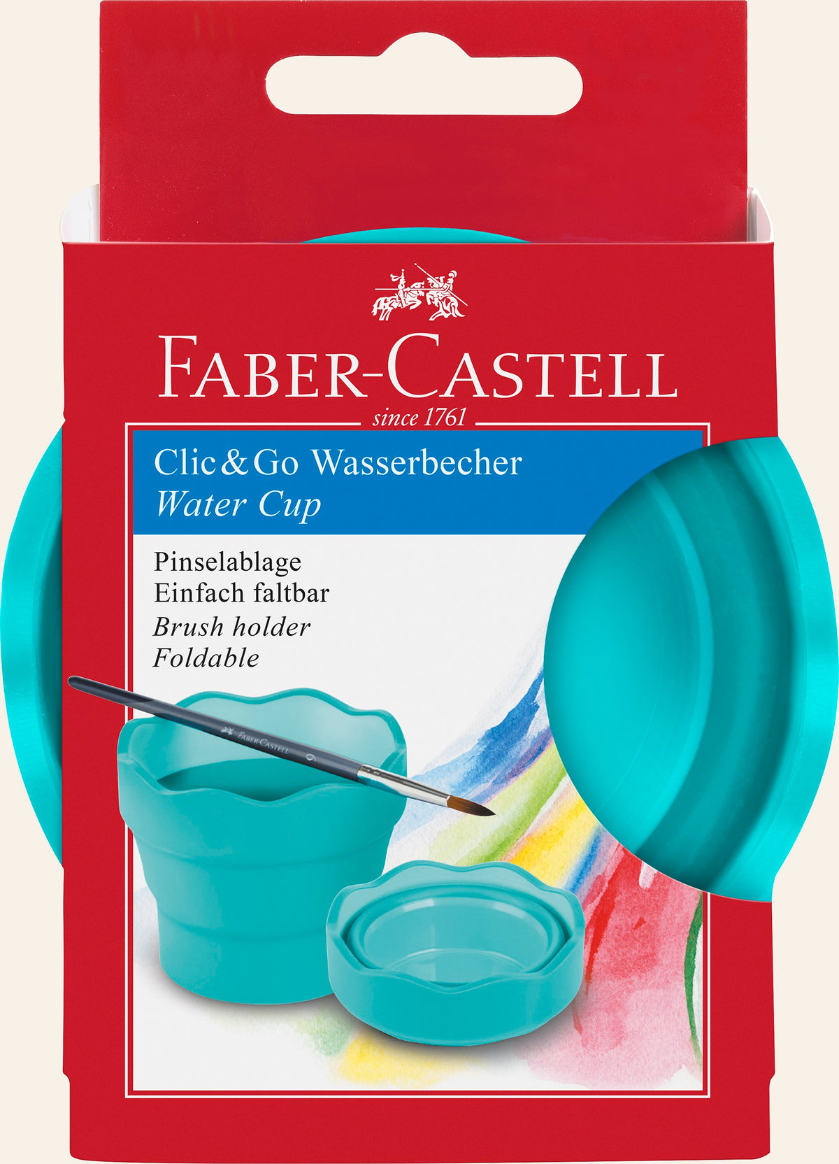 Retail packaging for the Faber Castell Clic&amp;Go painting water cup. The packaging has a red outline and shows the turquoise foldable water cup in action, with a paintbrush resting on top.
