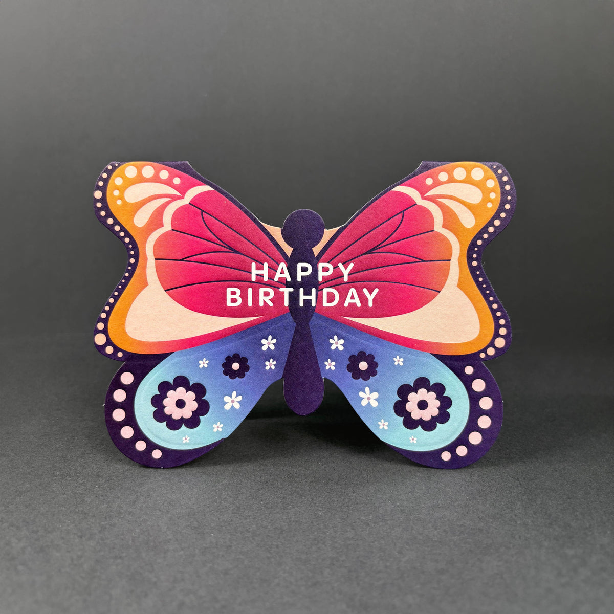 A colourful butterfly-shaped birthday card with the words 'HAPPY BIRTHDAY' printed across the centre, shown on a dark gray background by Heyyy cards at penny black