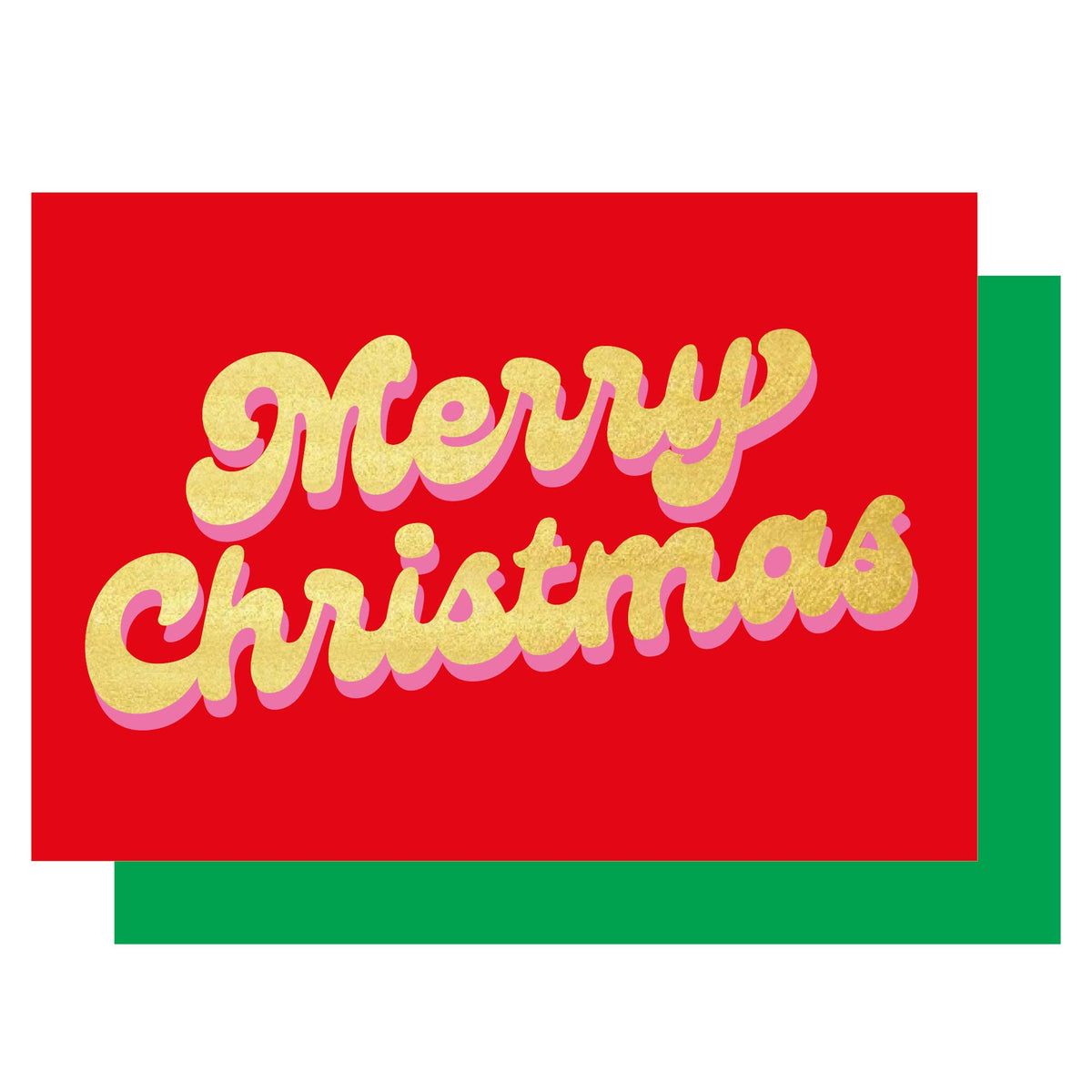 Red card with 'Merry Christmas' in retro style gold text on a white background showing a green envelope behind.