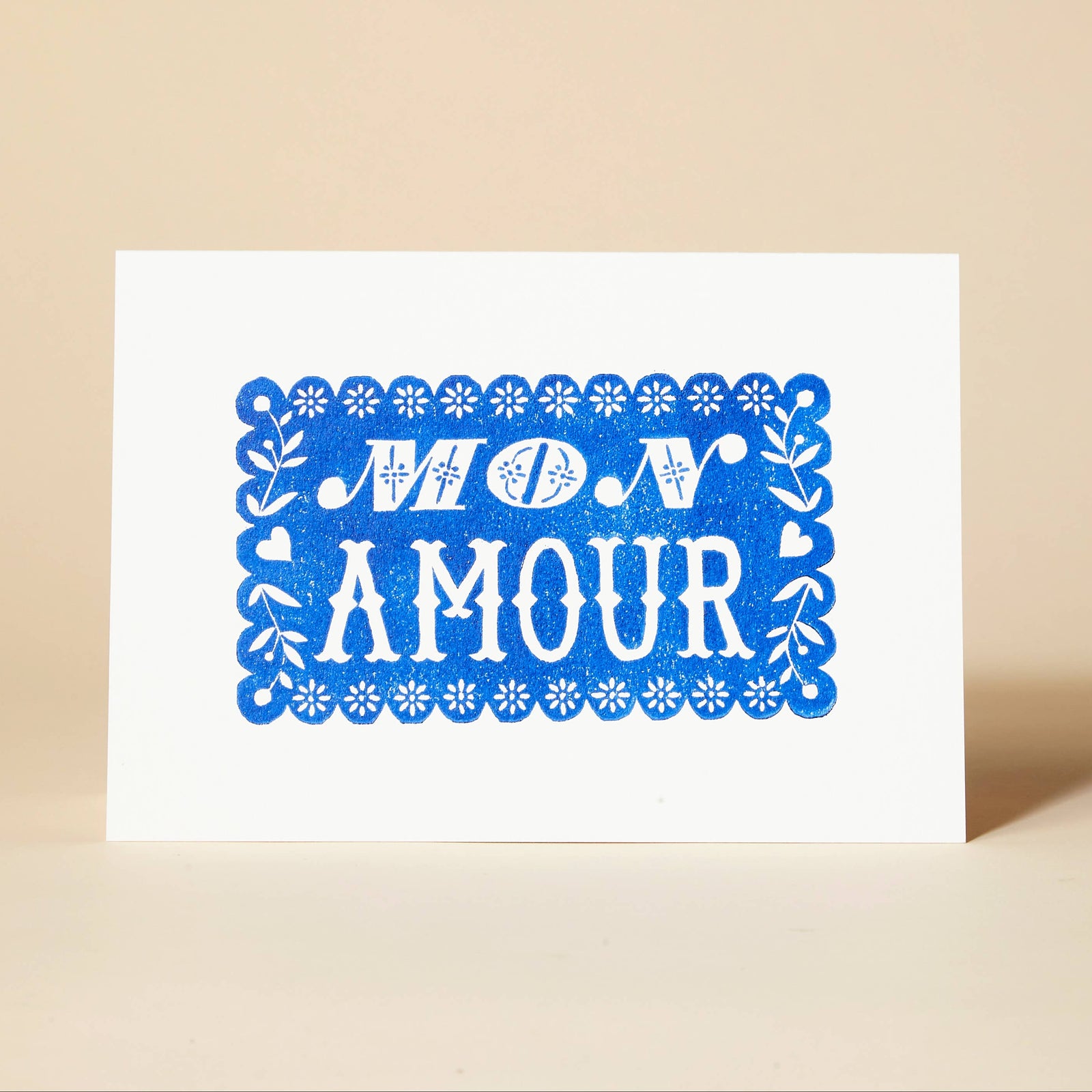 Mon Amour Linocut Valentine's Day Card by pressed and folded at penny black