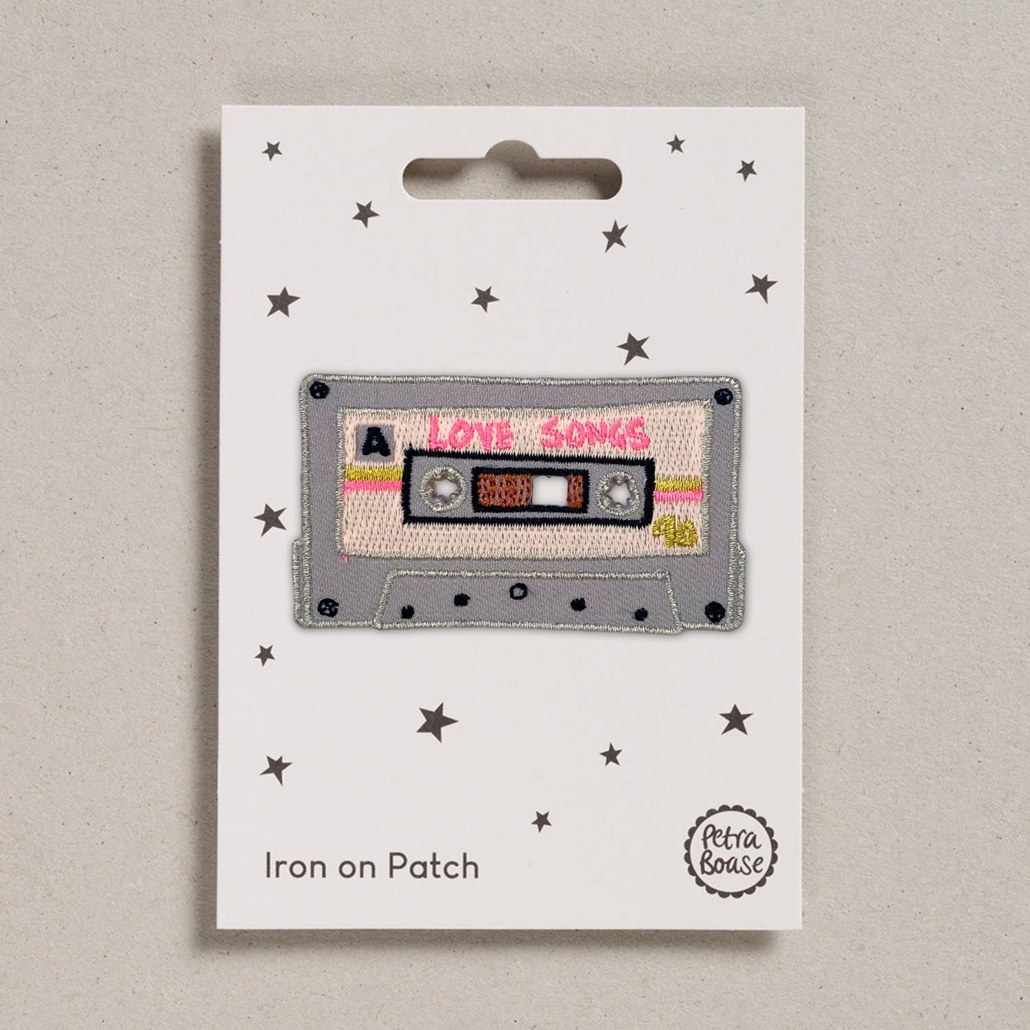 Colourful Iron on Patch - Love Songs Mixtape on backing card at penny black