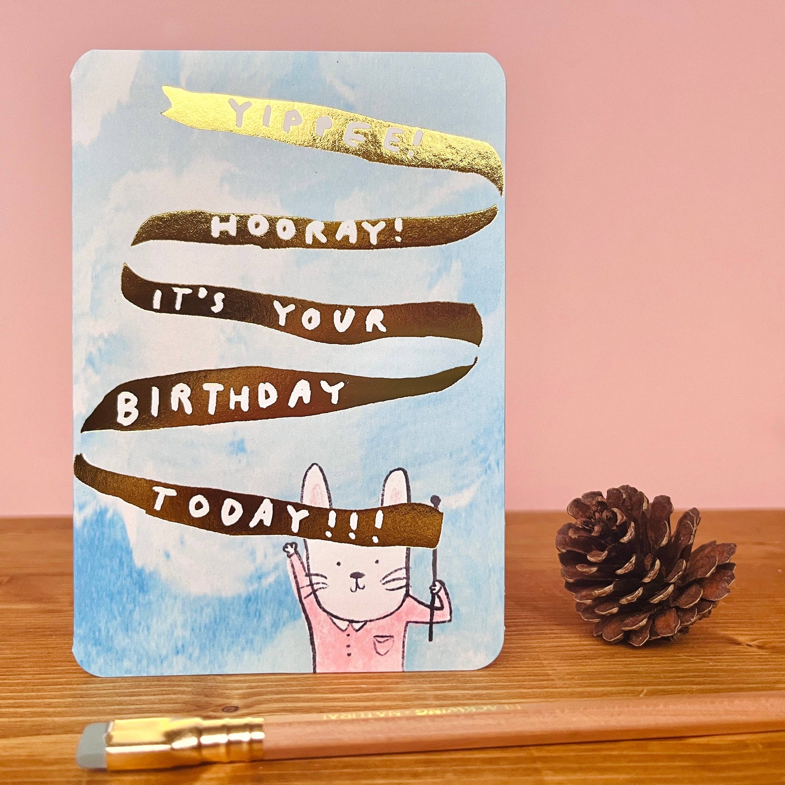 Yippee Hooray Bunny Gold Foil Birthday Card by Laura Skilbeck at penny black