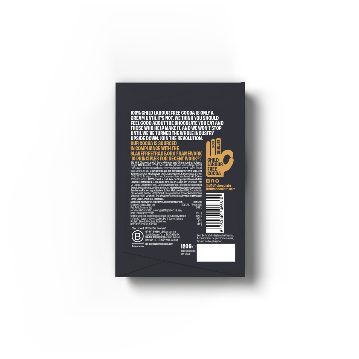 UP-UP Ethical Gingerbread Milk Chocolate Bar 120g by penny black showing back cover