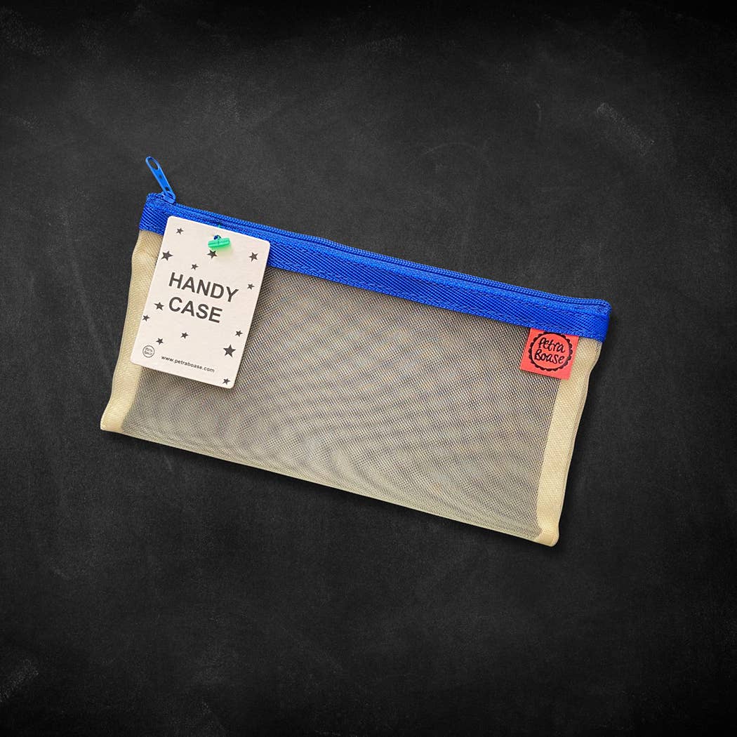 Handy Mesh Zip Case with cobalt blue zip at penny black