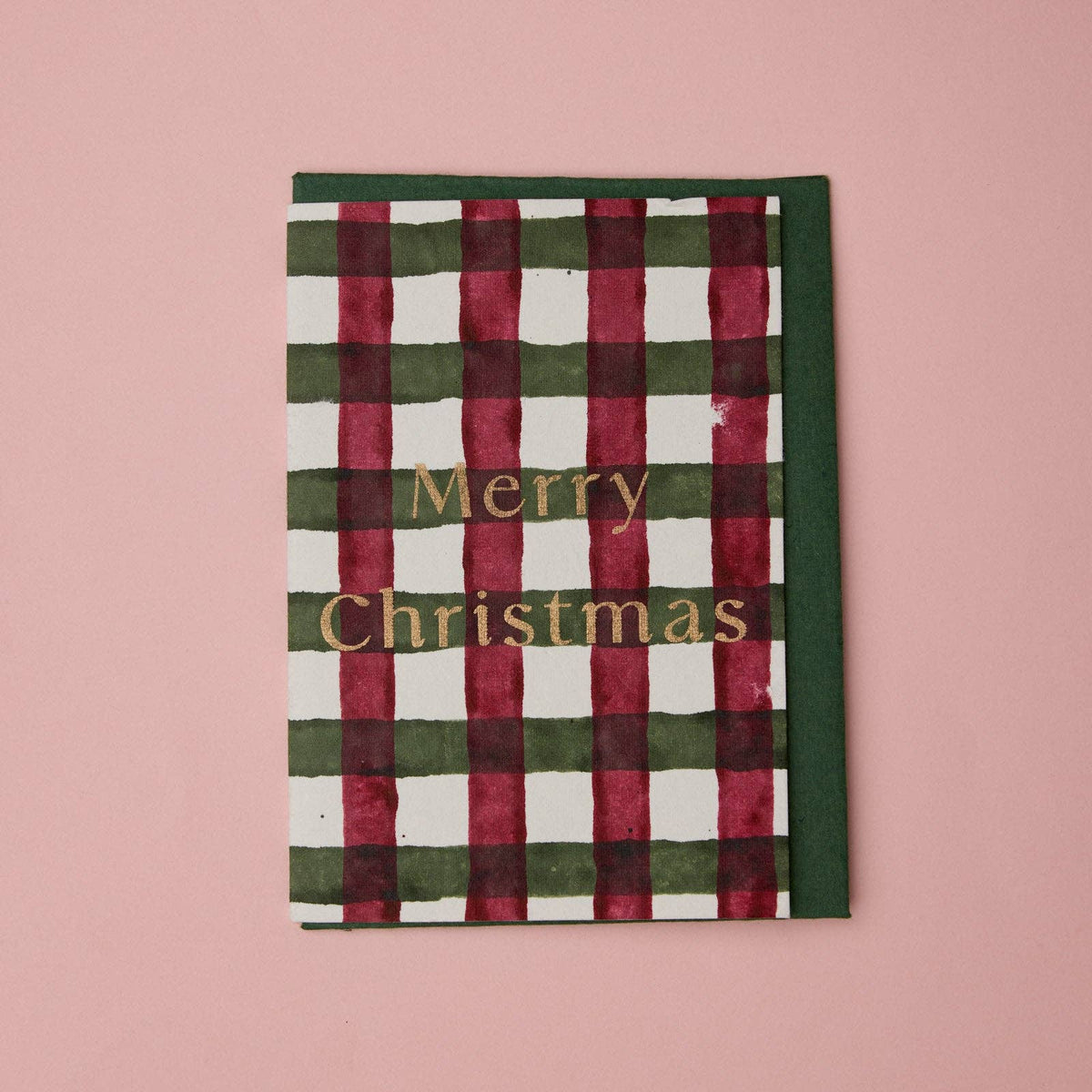 Block Printed Holly Green Plaid Christmas Card by paper mirchi at penny black