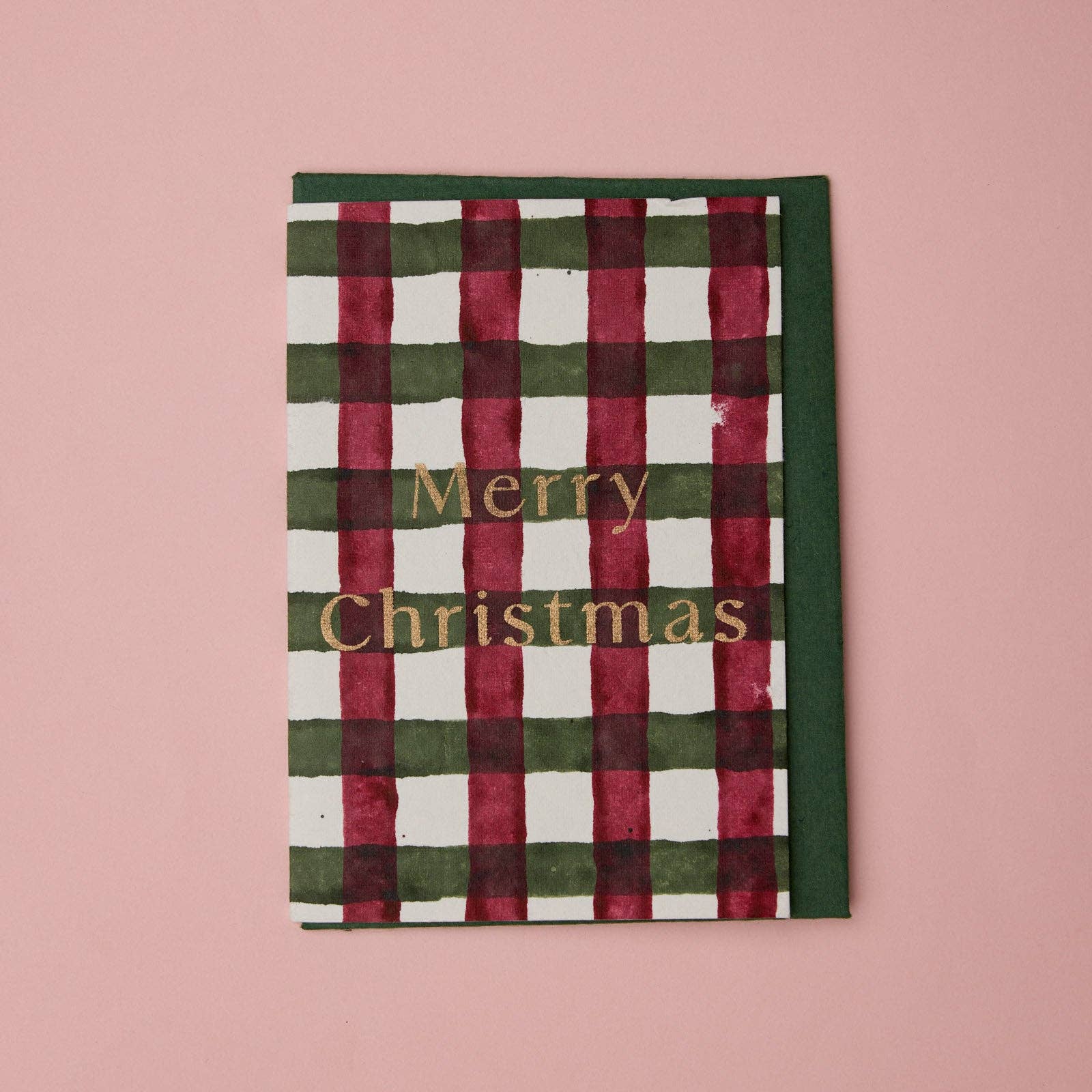 Block Printed Holly Green Plaid Christmas Card by paper mirchi at penny black