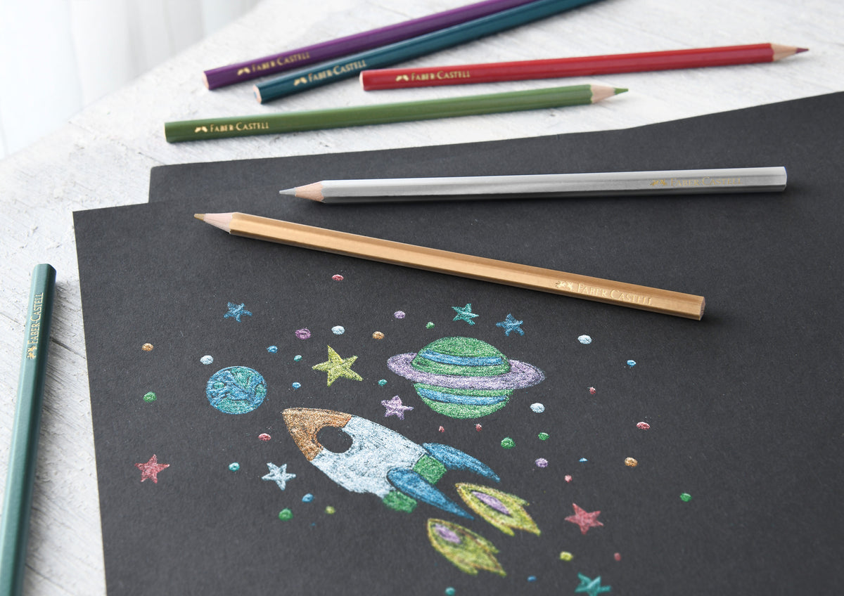 An image of metallic colour pencils by Faber Castell in use, including an illustration of a rocket in space.