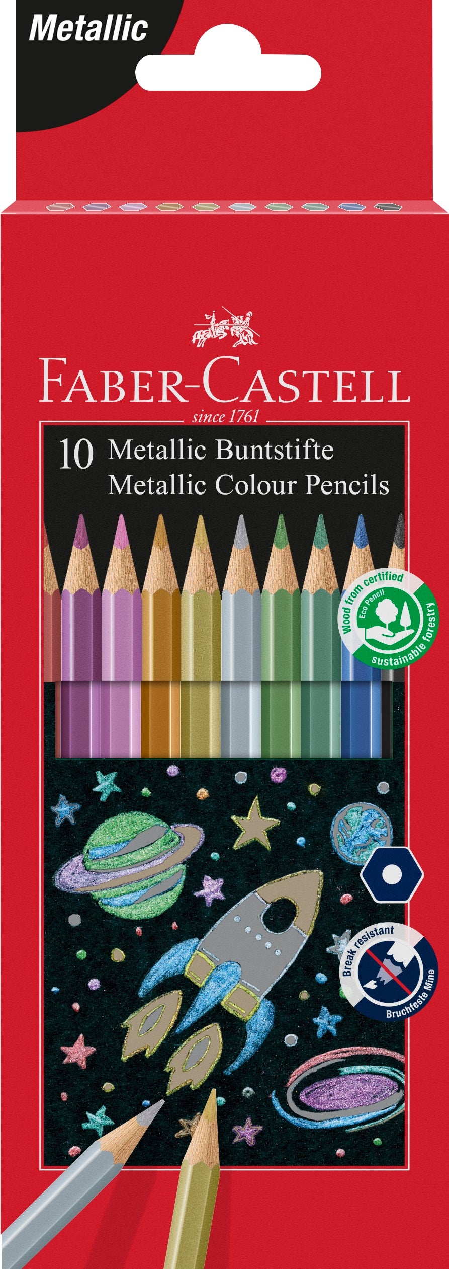 Retail packaging for a pack of 10 metallic colour pencils by Faber Castell. The packaging has a red border, a cut out in the centre showing the pencils inside plus an illustration of them in use.