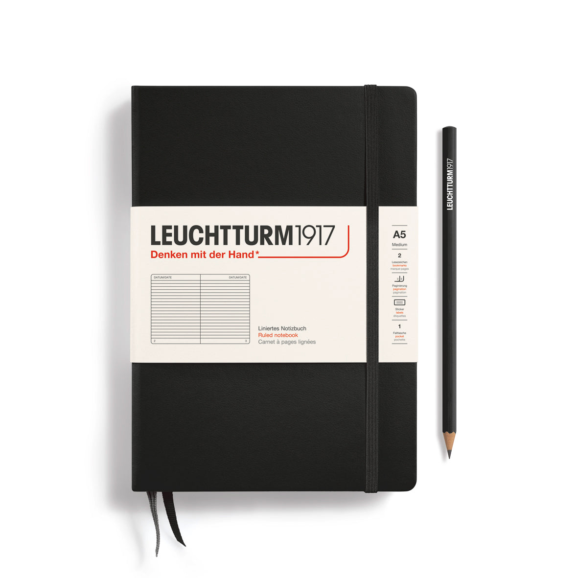 LEUCHTTURM1917 Notebook A5 Medium Hardcover in a black colour and a lined ruling at penny black