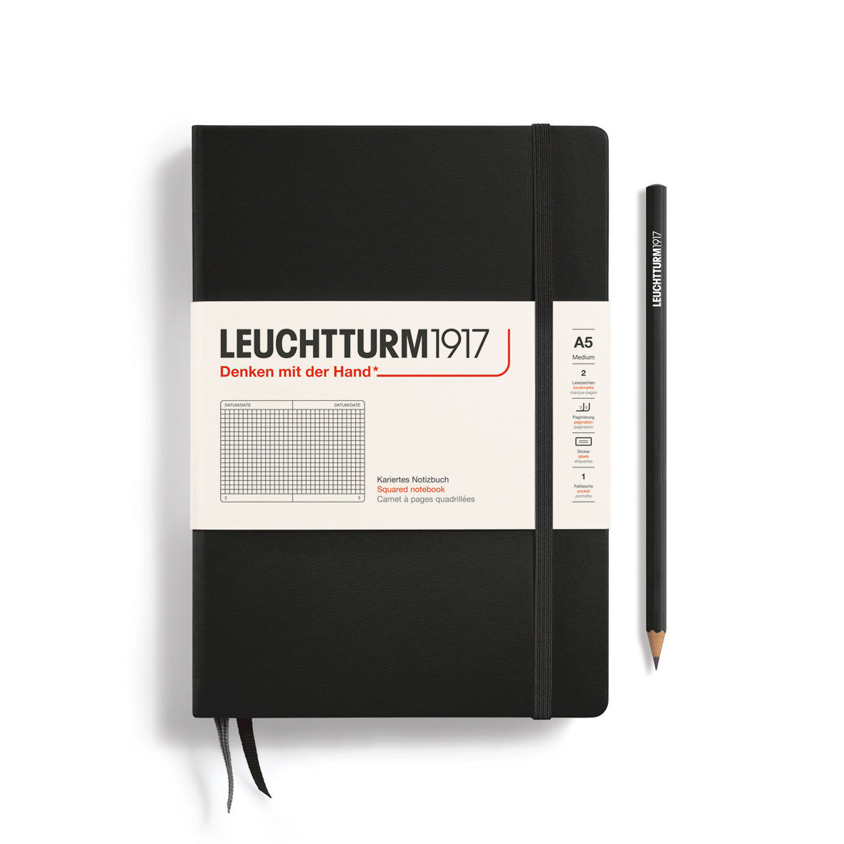 LEUCHTTURM1917 Notebook A5 Medium Hardcover in a black colour and a squared ruling at penny black