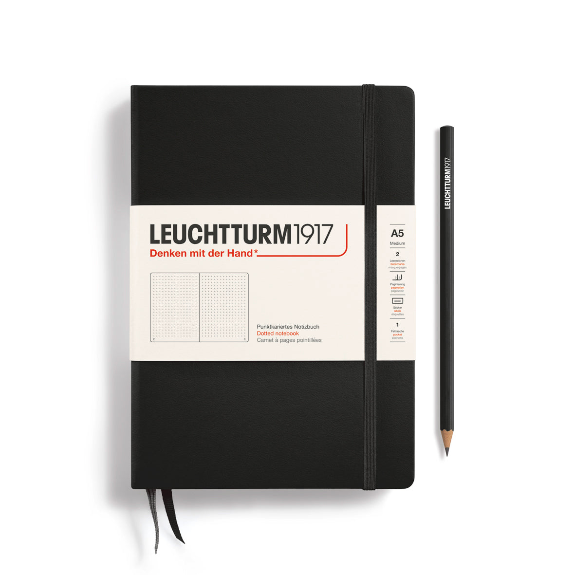LEUCHTTURM1917 Notebook A5 Medium Hardcover in a black colour and a dotted ruling at penny black