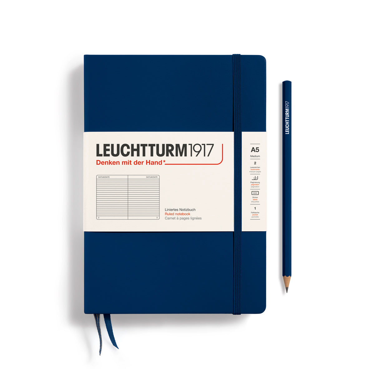 LEUCHTTURM1917 Notebook A5 Medium Hardcover in a navy colour and lined ruling at penny black