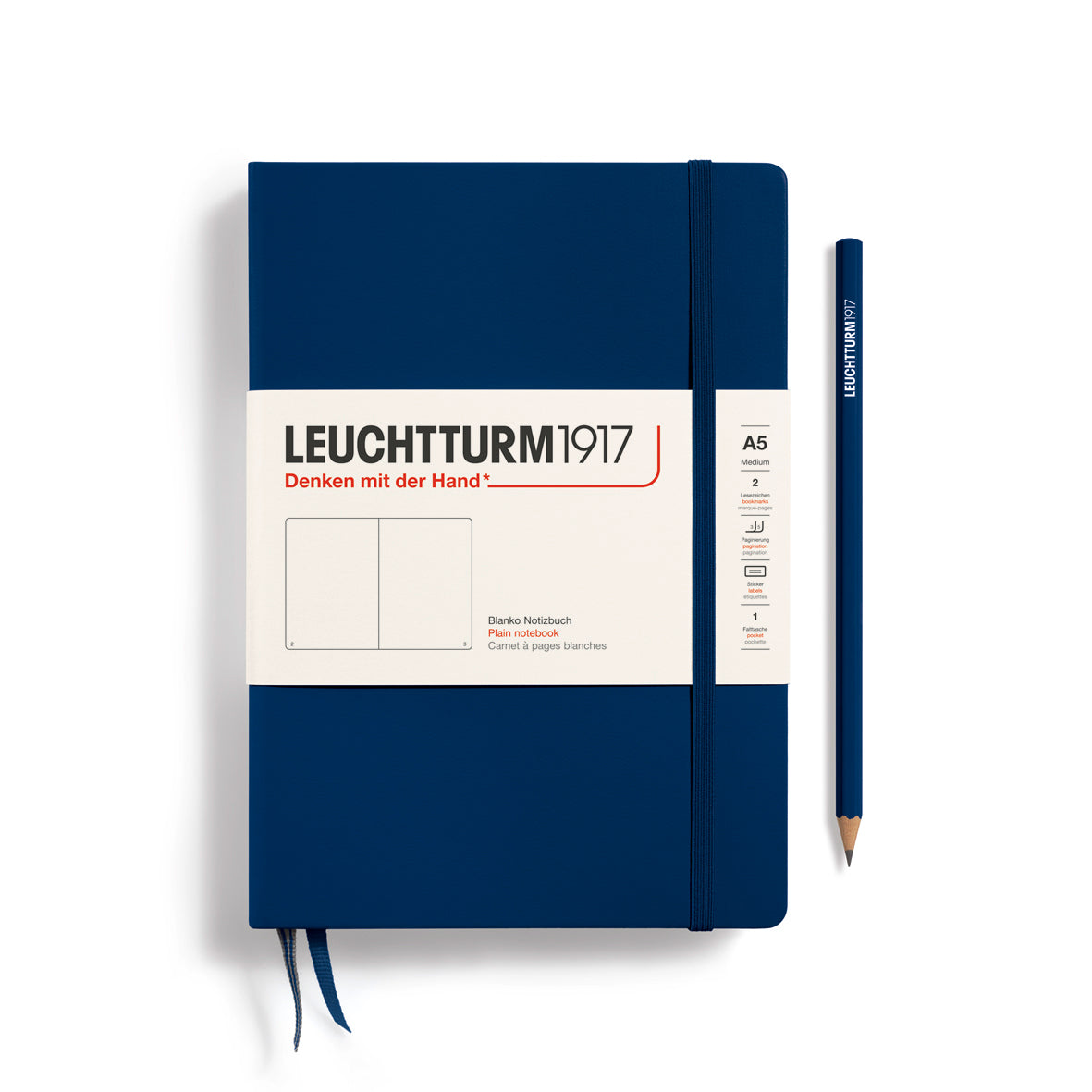 LEUCHTTURM1917 Notebook A5 Medium Hardcover in a navy colour and a blank ruling at penny black