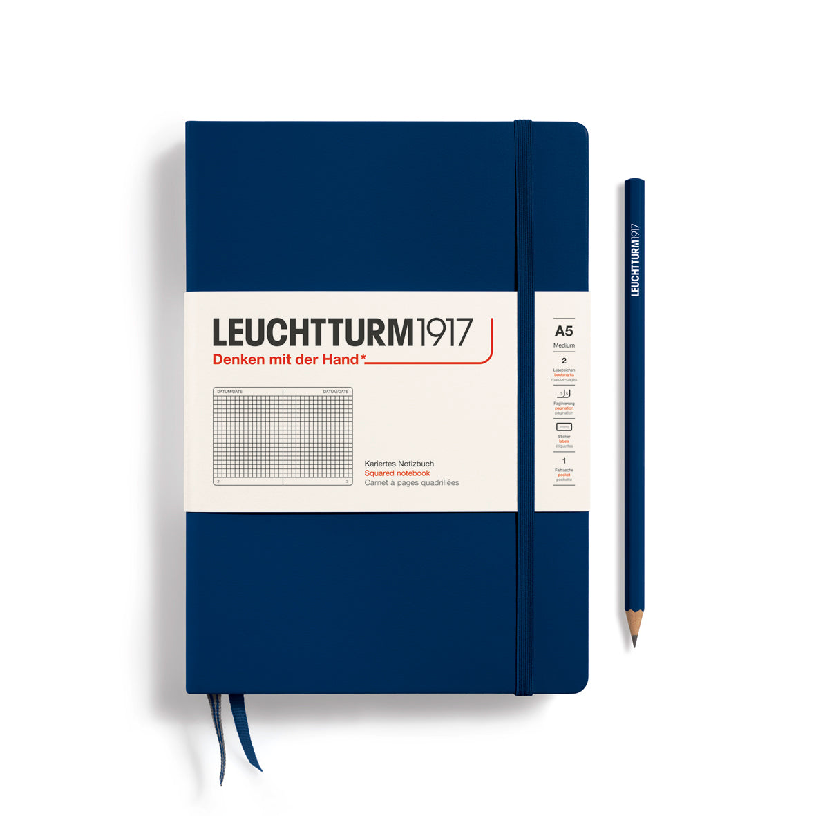 LEUCHTTURM1917 Notebook A5 Medium Hardcover in a navy colour and squared ruling at penny black