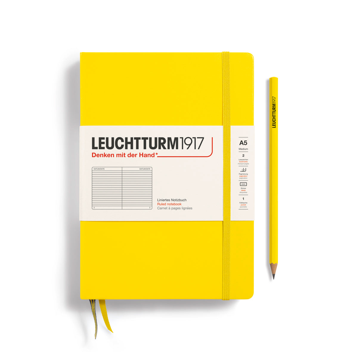 LEUCHTTURM1917 Notebook A5 Medium Hardcover in a lemon colour and lined ruling at penny black