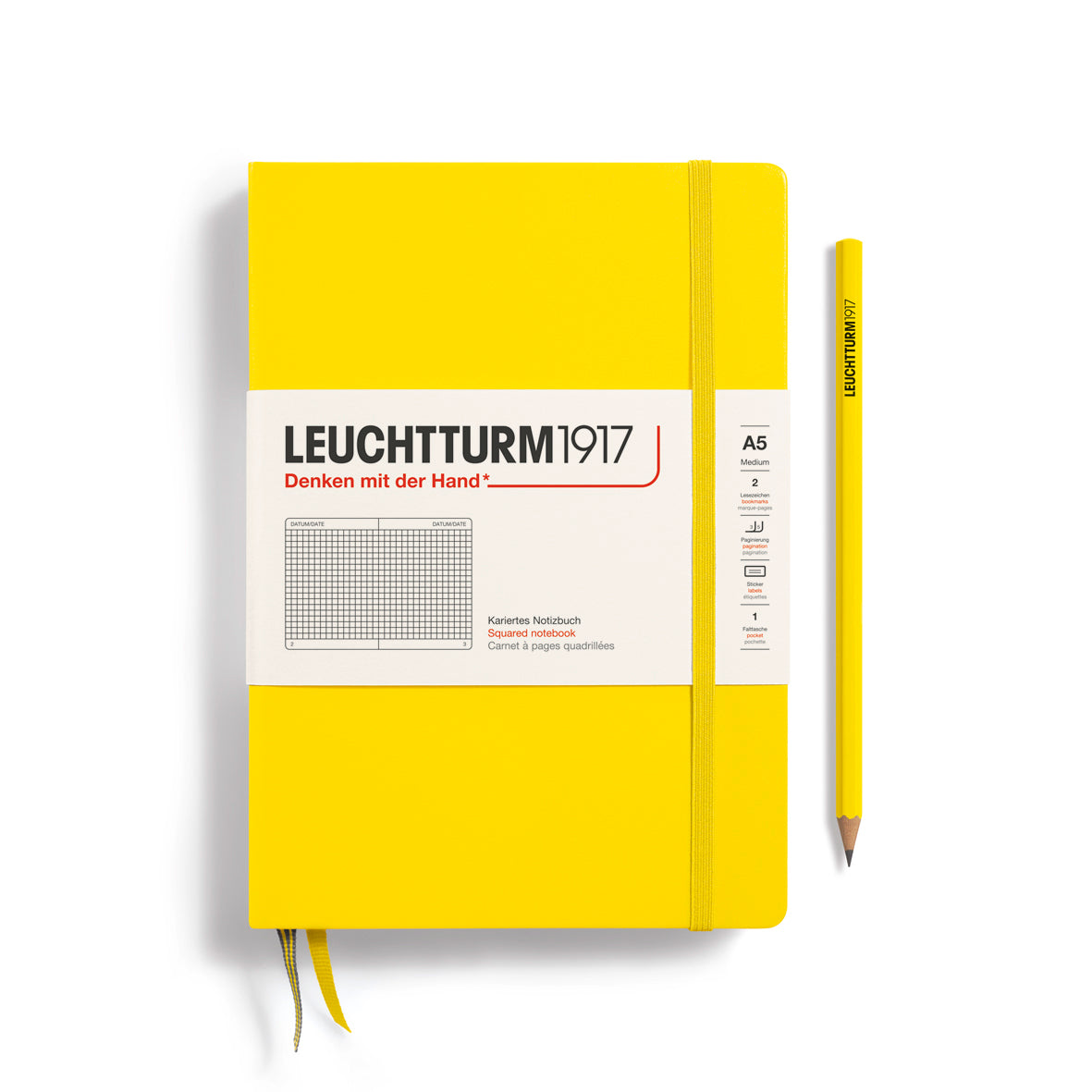 LEUCHTTURM1917 Notebook A5 Medium Hardcover in a lemon colour and a squared ruling at penny black 