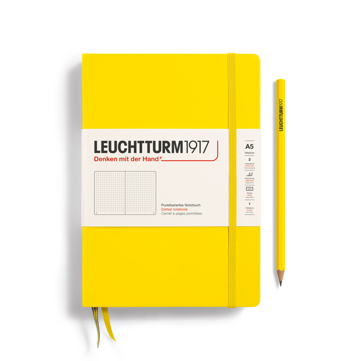LEUCHTTURM1917 Notebook A5 Medium Hardcover in a lemon colour and a dotted ruling at penny black