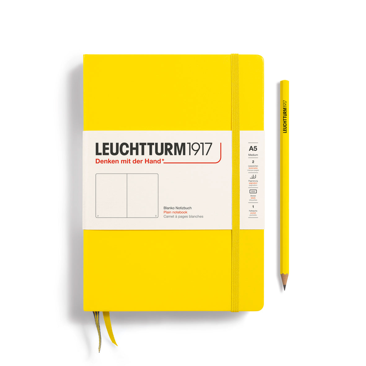 LEUCHTTURM1917 Notebook A5 Medium Hardcover in a lemon colour and a blank ruling at penny black
