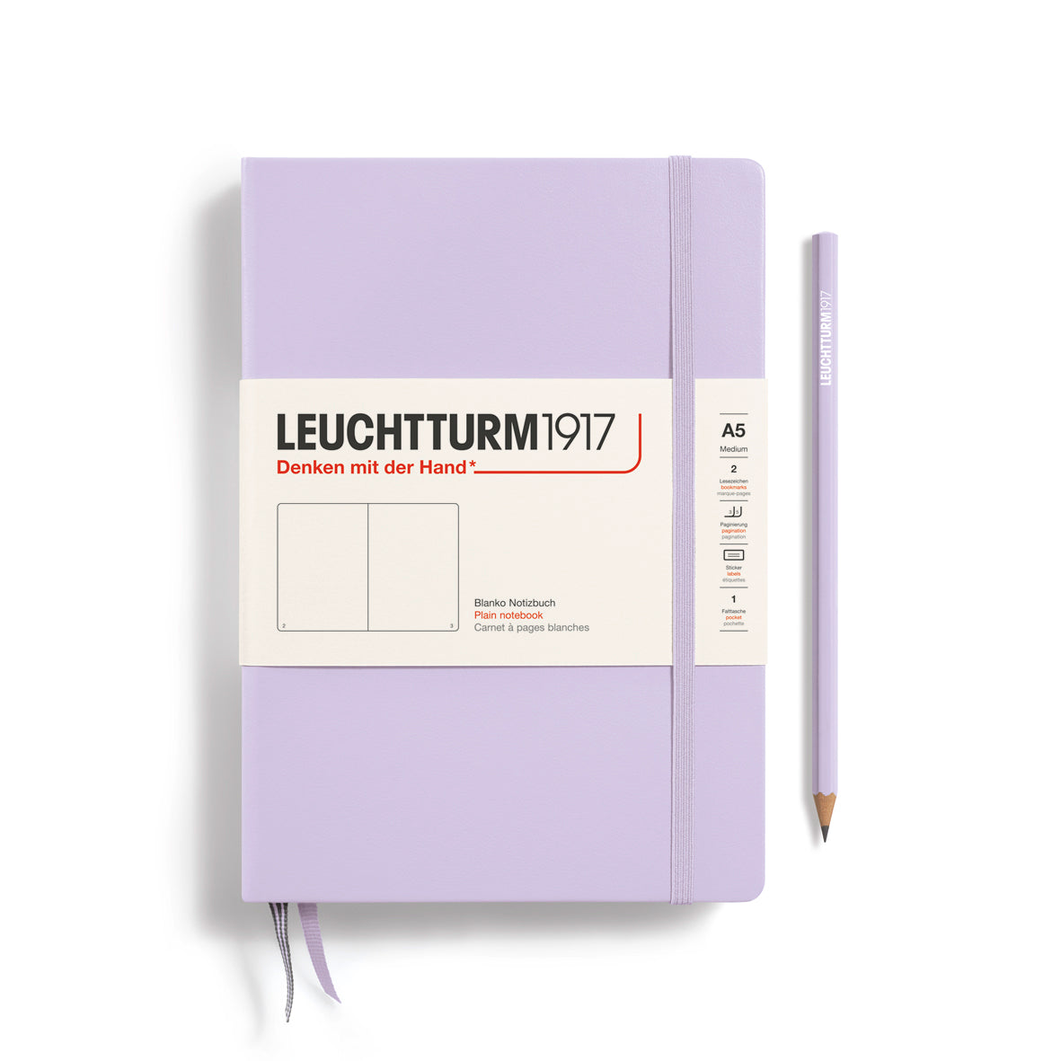 LEUCHTTURM1917 Notebook A5 Medium Hardcover in a lilac colour and a blank ruling at penny black