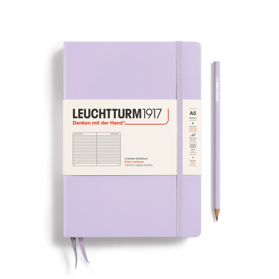 LEUCHTTURM1917 Notebook A5 Medium Hardcover in a lilac colour and a lined ruling at penny black